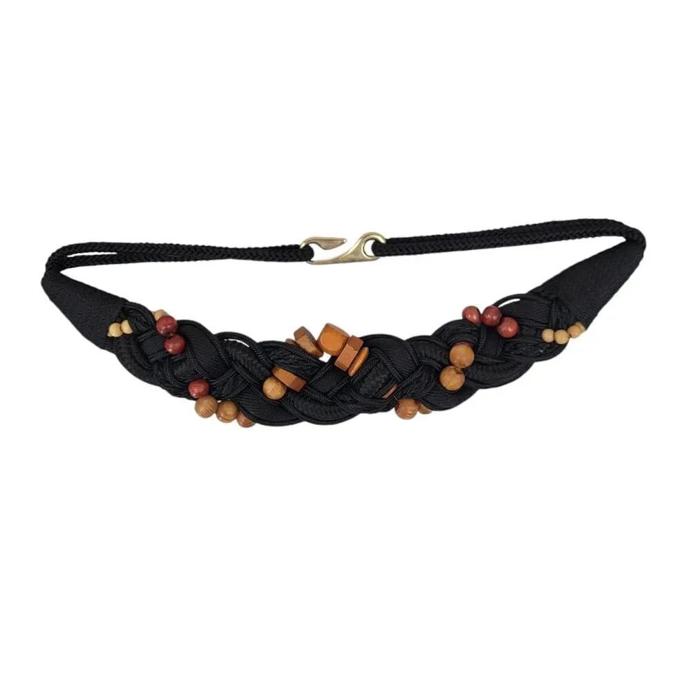 Black Braided Belt with Wooden Beads Vintage 80s Nylon Strech Cord Woven